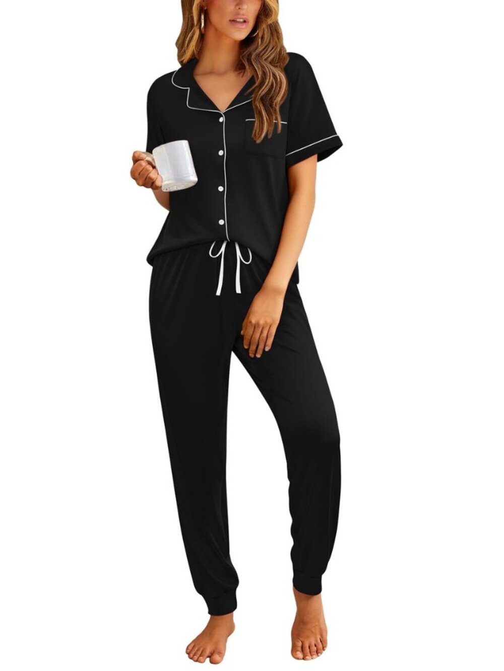 Women Pajama Set Short Sleeve Button Down Pjs with Jogger Pants